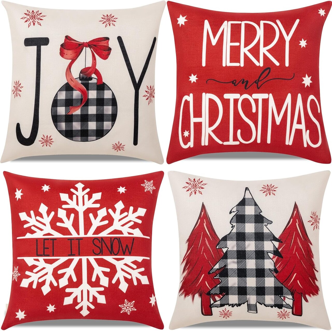 Red Christmas Decorations-Throw Pillow Covers 18x18 in Set of 4,Decorative Joy Snowflake Pillow Case for Couch Sofa Winter Holiday Indoor Outdoor Home Red White Xams Decorations